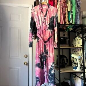 S/W/F pink purple white black tie dye belted button up midi‎ maxi dress